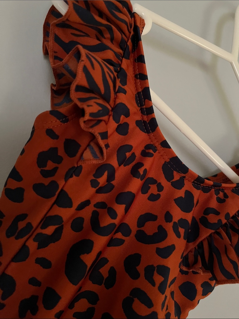 Girls Rust Leopard Print Ruffle One-Piece Bodysuit - Picture 4 of 5